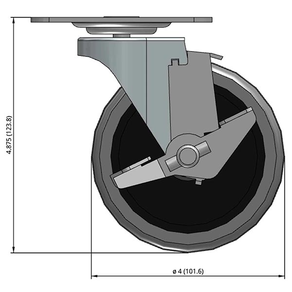 Side view drawing of caster with dimensions